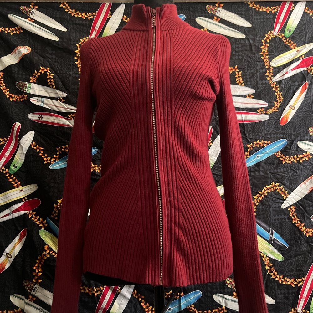 Red Ribbed Zip-Up Sweater